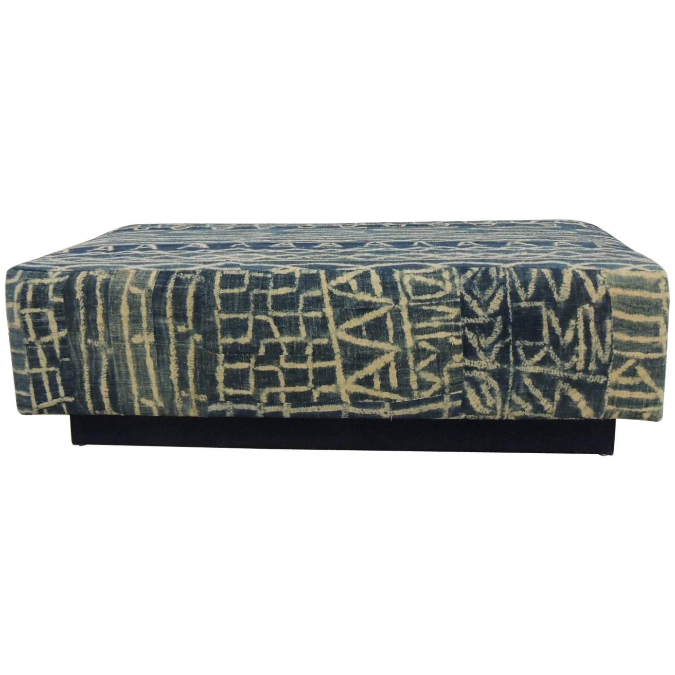  Large African Blue and Natural Ndop Textile Upholstered Ottoman