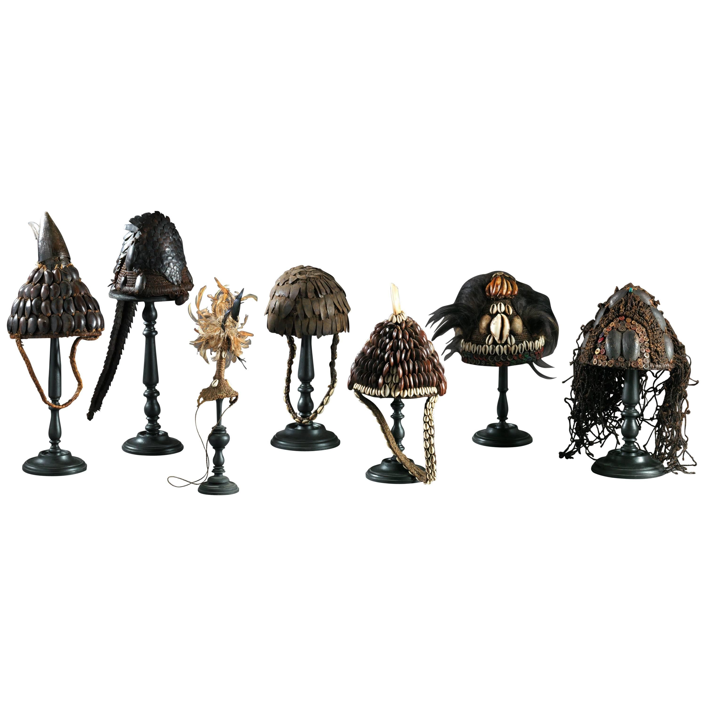 Collection of Seven Fine Decorative Ceremonial Hats, DRC, Lega