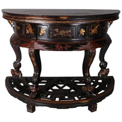 Antique Chinese Vermillion and Black Lacquer Carved Demilune Console Table, 20th Century