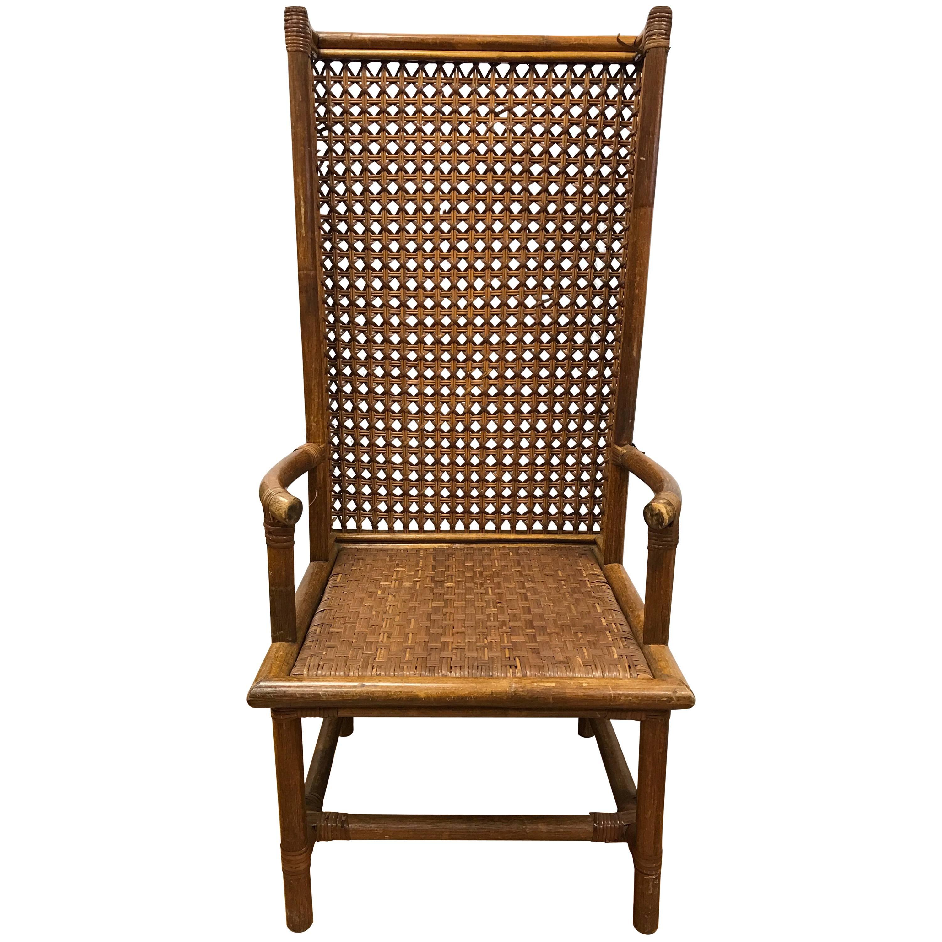 Danish Midcentury Tall Rattan Wicker Wingback Chair