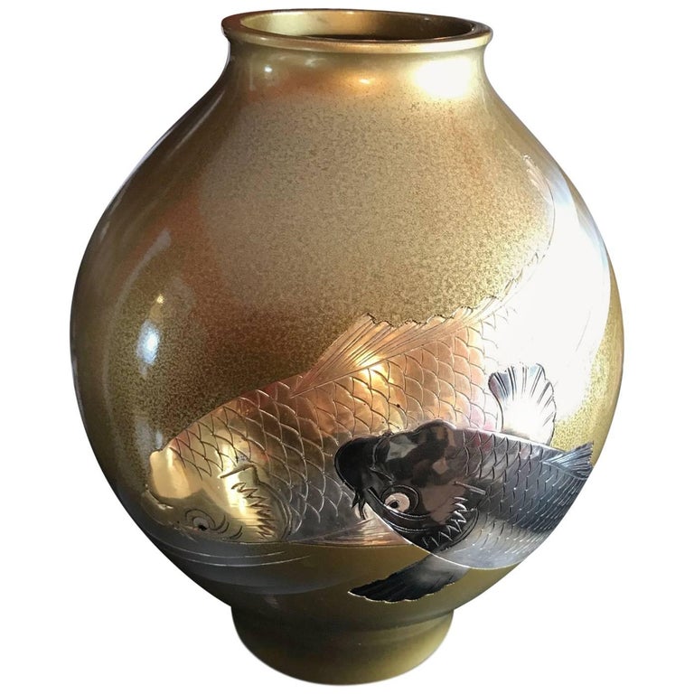 Pair of Japanese Bronze and Mixed Metal Vases at 1stdibs