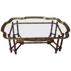 Large Hollywood Regency Bronze, Glass and Carved Fruitwood Coffee Table
