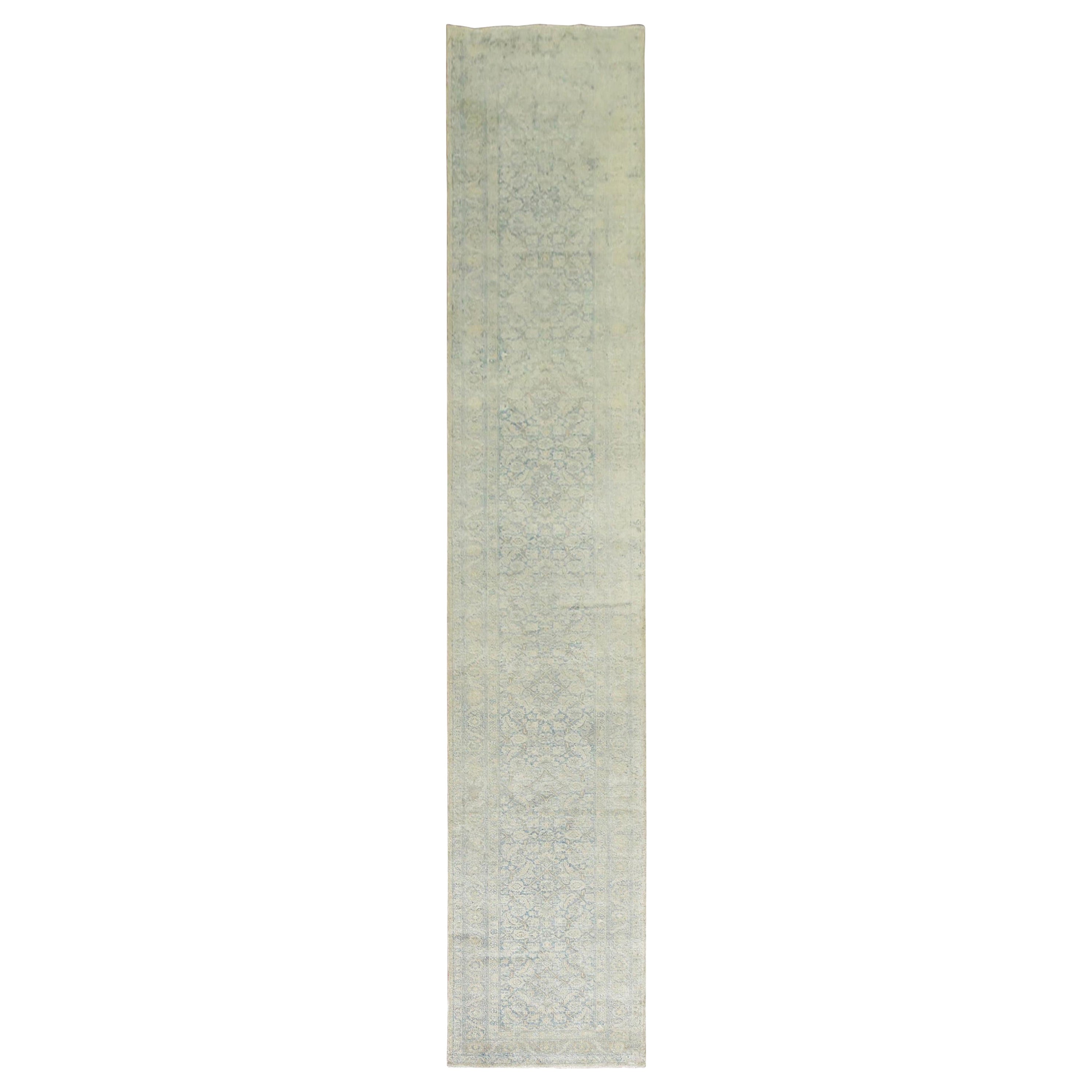 Zabihi Collection Narrow Pale Blue Gold Antique Persian Tabriz Runner For Sale