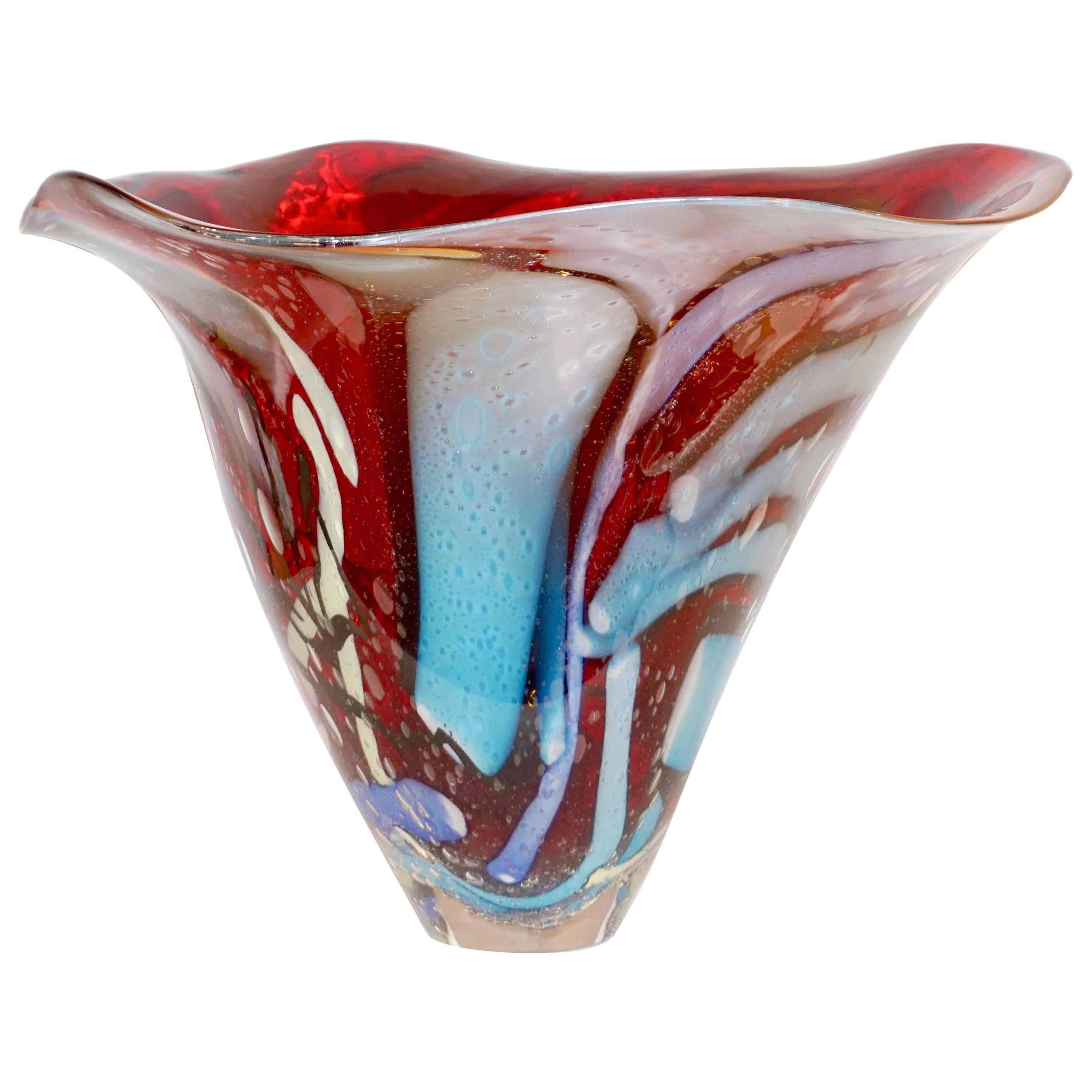 Davide Dona Modern Art Red Azure Blue White Murano Glass Sculptural Vase / Bowl