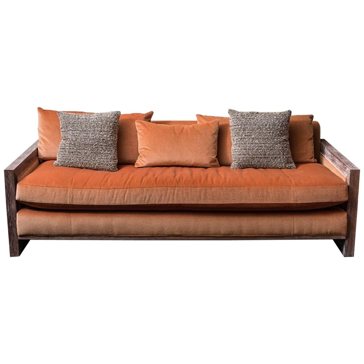 Swaim Custom Contemporary Mohair Sofa in Burnt Orange For Sale