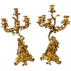 Pair of 19th Century Bronze 24-Carat Gold-Plated Six-Arm Figural Candelabras