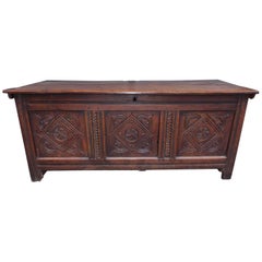 Vintage English Oak Jacobean Decorative Carved Three-Panel Hinged Coffer, Circa 1720