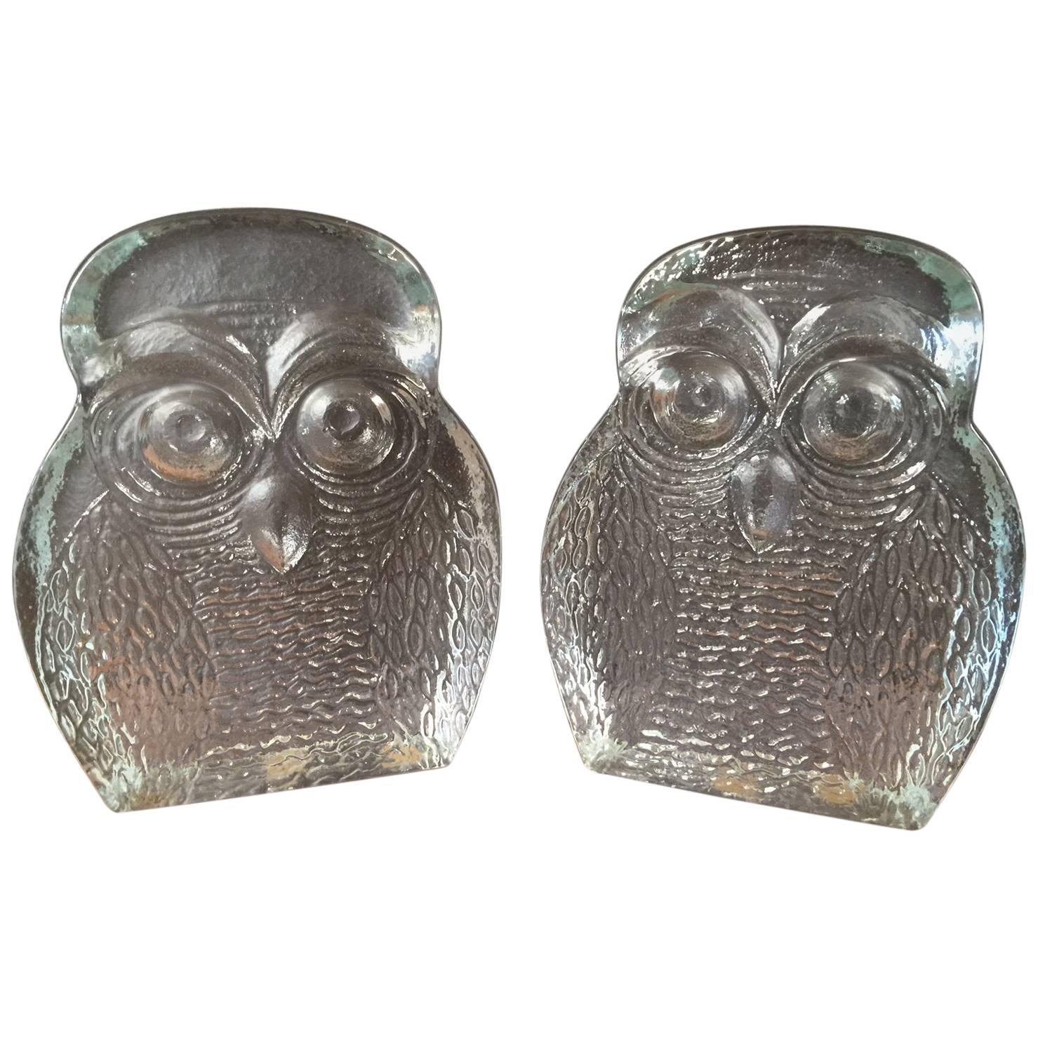 Pair of Midcentury Glass Owl Bookends by Blenko