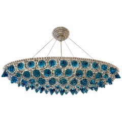 Contemporary Italian Turquoise Blue & Clear Glass Oval Silver Flush/Chandelier