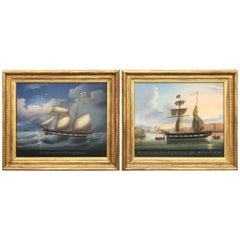 Antique Impressive Pair of English Naive School Nautical Paintings