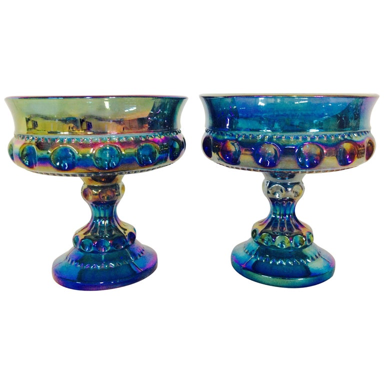70'S Pair Of Blown Glass Iridescent Blue Compote Dish By, Indiana Glass