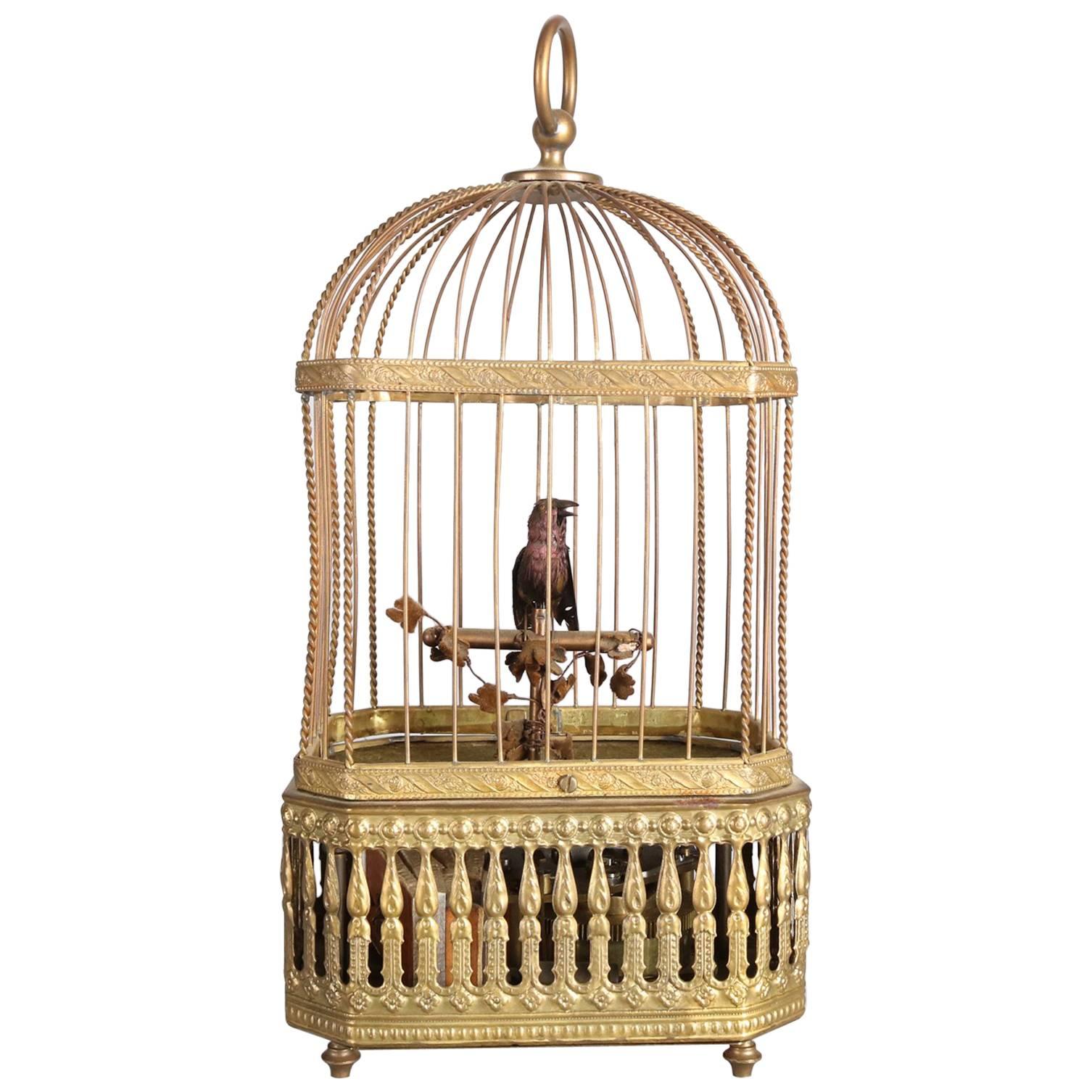 Vintage German Automaton Singing Bird in Cage, 20th Century
