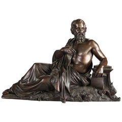 Antique French Figural Bronzed Sculpture of Recumbent Aristotle, 19th Century