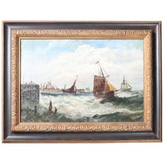 Antique Maritime Oil on Canvas Painting of Ships on Rough Seas, Signed
