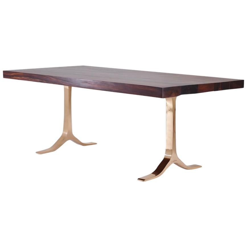 Reclaimed Hardwood Table with Sand Cast Polished Bronze Base by P. Tendercool For Sale