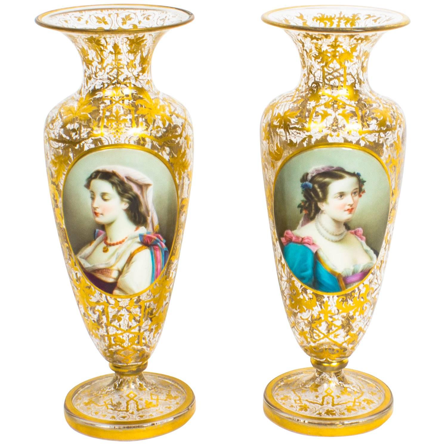 Pair of Bohemian Opaline Flashed Gilded Crystal Portrait Vases, 19th Century