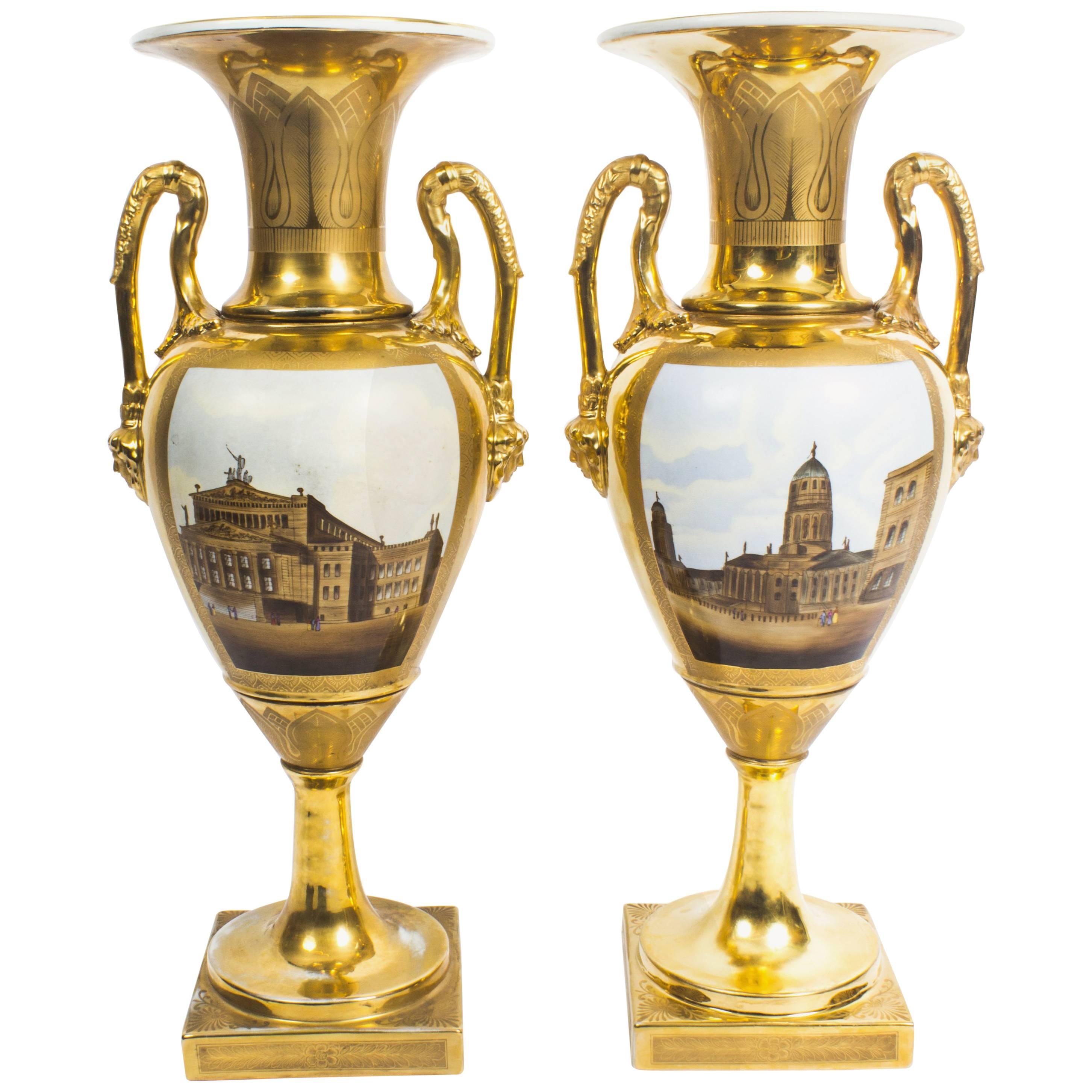 Antique Pair of Continental Porcelain Double Handled Gilt Vases