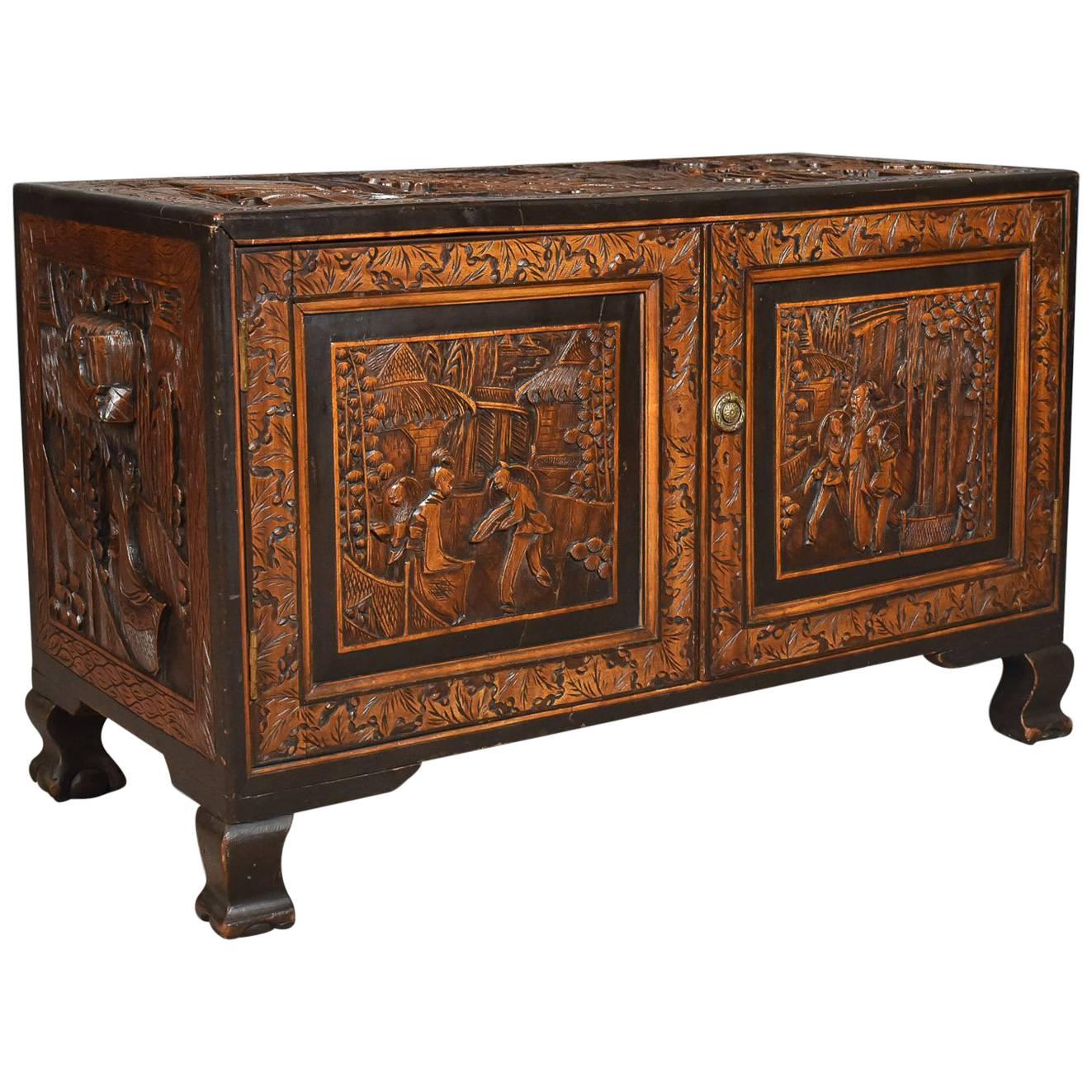 Early 20th Century Camphor Wood Chest, Oriental Carved Trunk