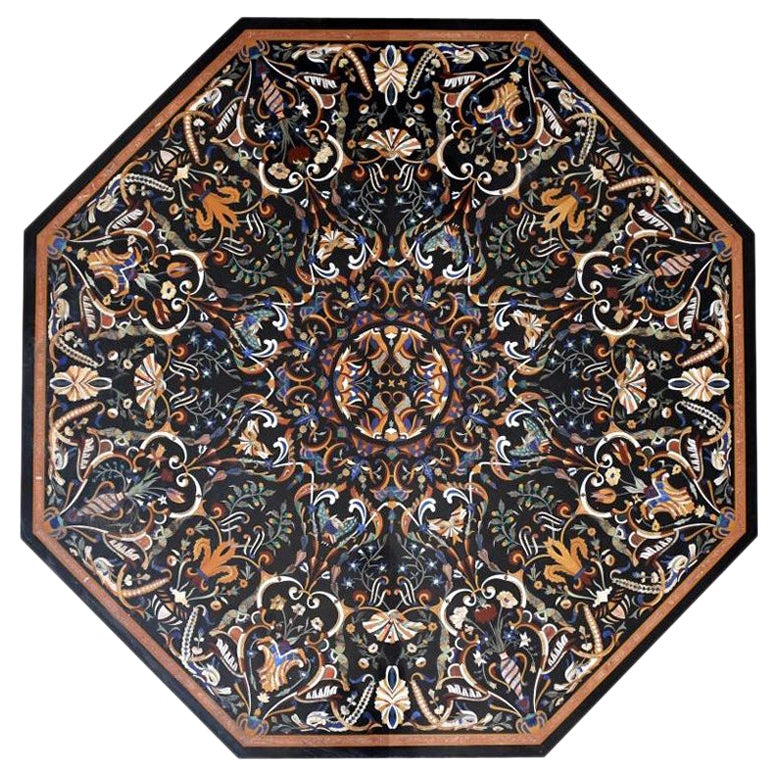 Octagonal Italian Pietre Dure Hardstone Mosaic Inlay Black Marble Table Top