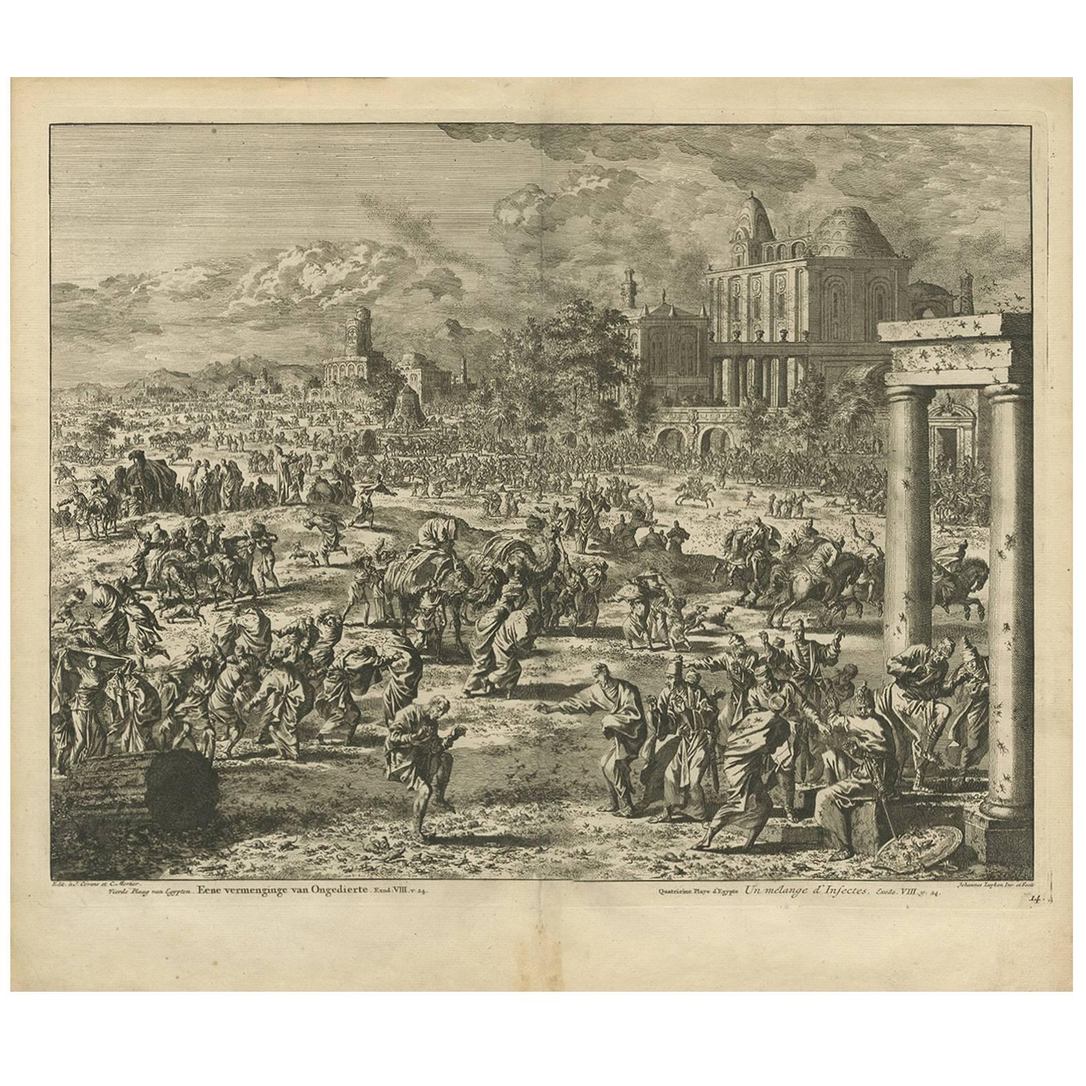 Antique Bible Print Fourth Plague of Egypt by J. Luyken, 1743 For Sale
