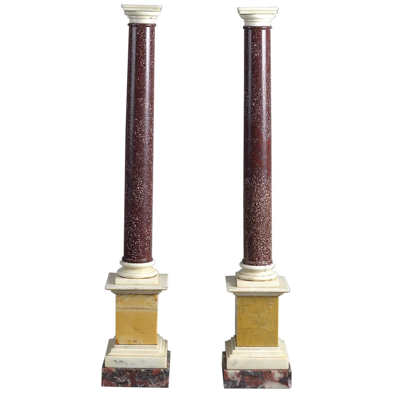 Pair of Large Grand Tour Porphyry and Marble Classical Table Columns For Sale
