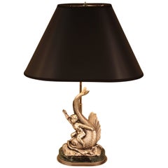 Antique Silver Statue Table Lamp, Boy on a Swimming Dolphin
