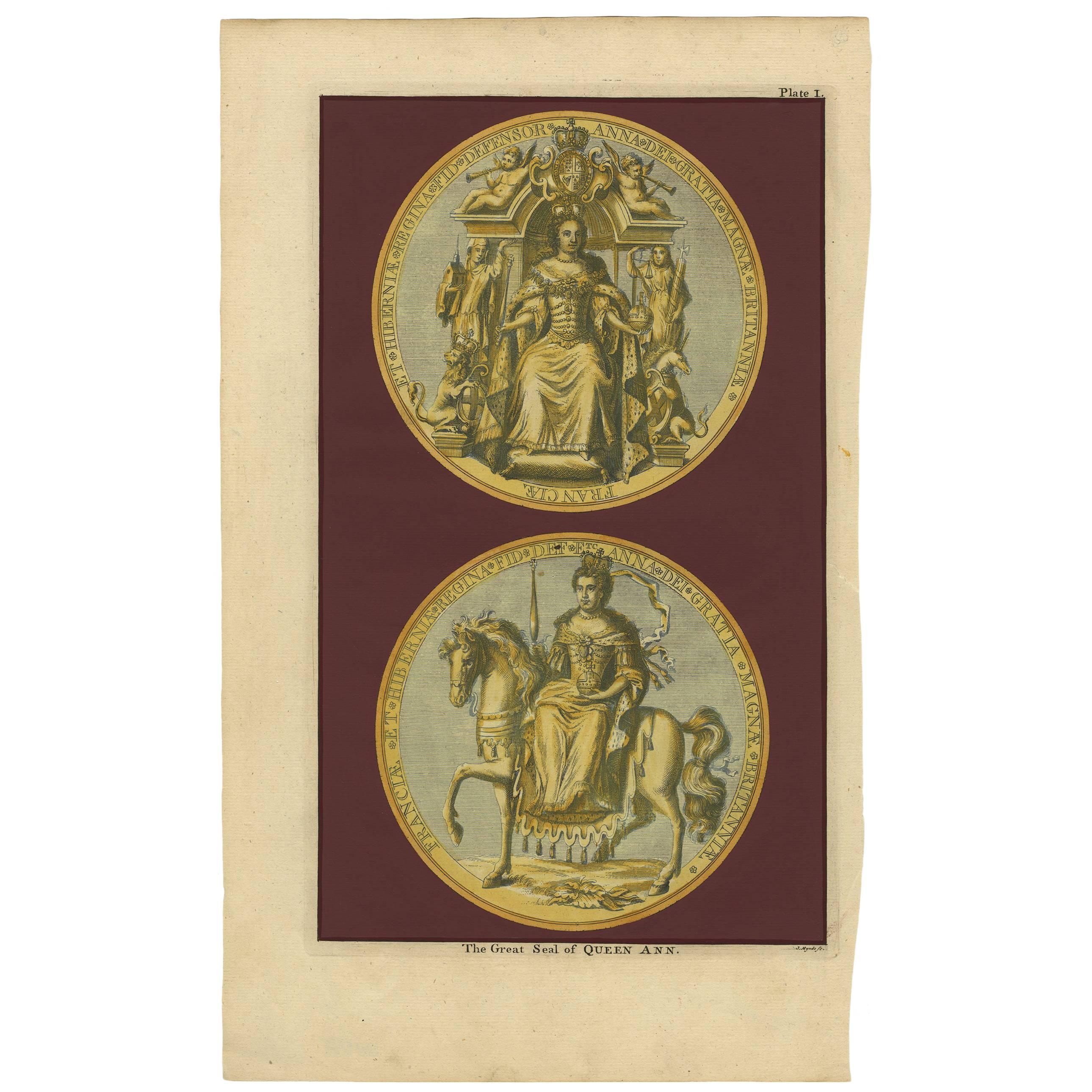 Grabado antiguo del Gran Sello de la Queen Anne por Rapin de Thoyras (c.1780)
