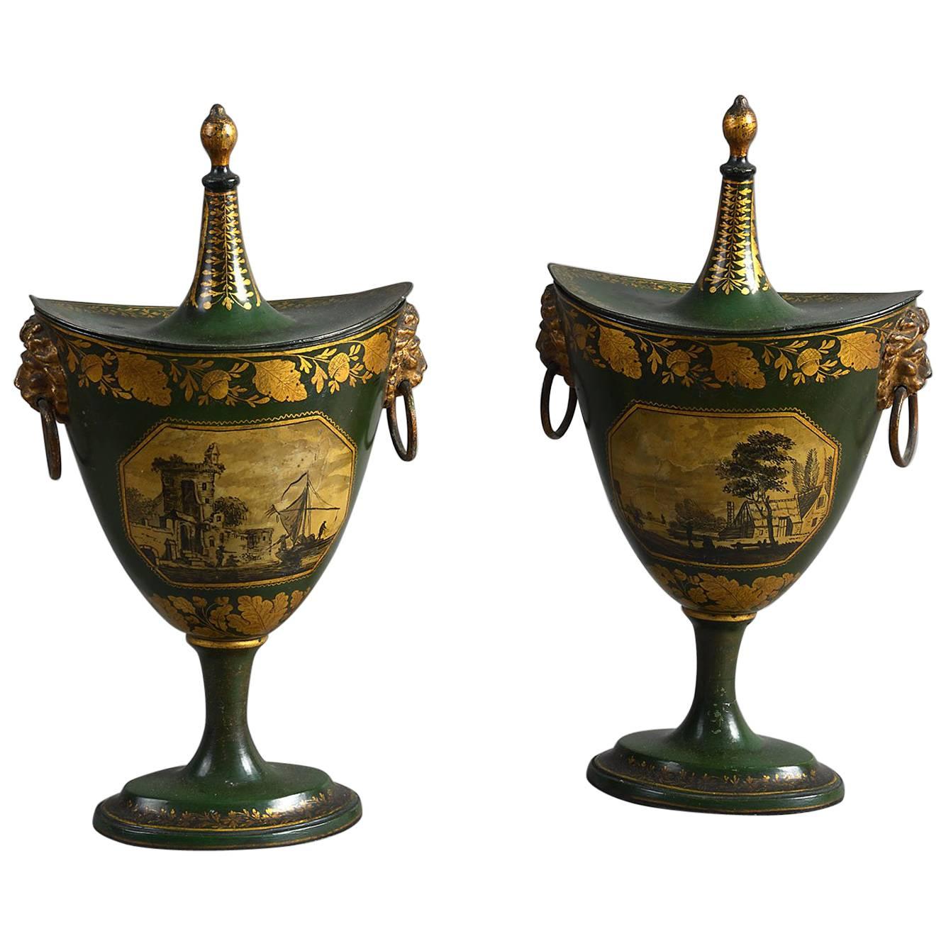 Pair of Early 19th Century George III Green Toleware Covered Chestnut Urns