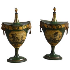 Antique Pair of Early 19th Century George III Green Toleware Covered Chestnut Urns