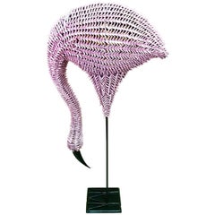 Lifesize Pink Flamingo Rattan and Reed Sculpture