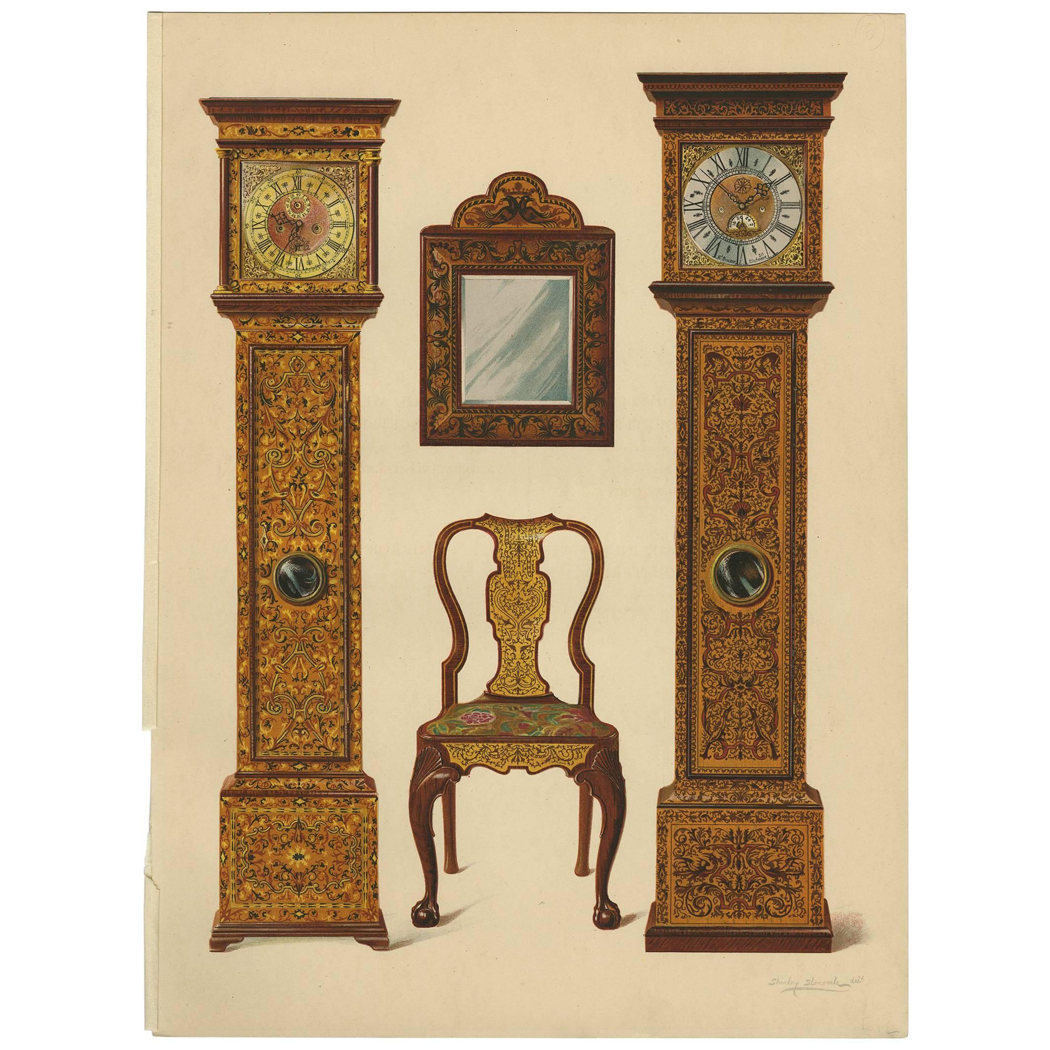 Antiker antiker Druck von englischen Möbeln „Uhren, Spiegel, Stuhl“ von P. Macquoid, 1906 im Angebot