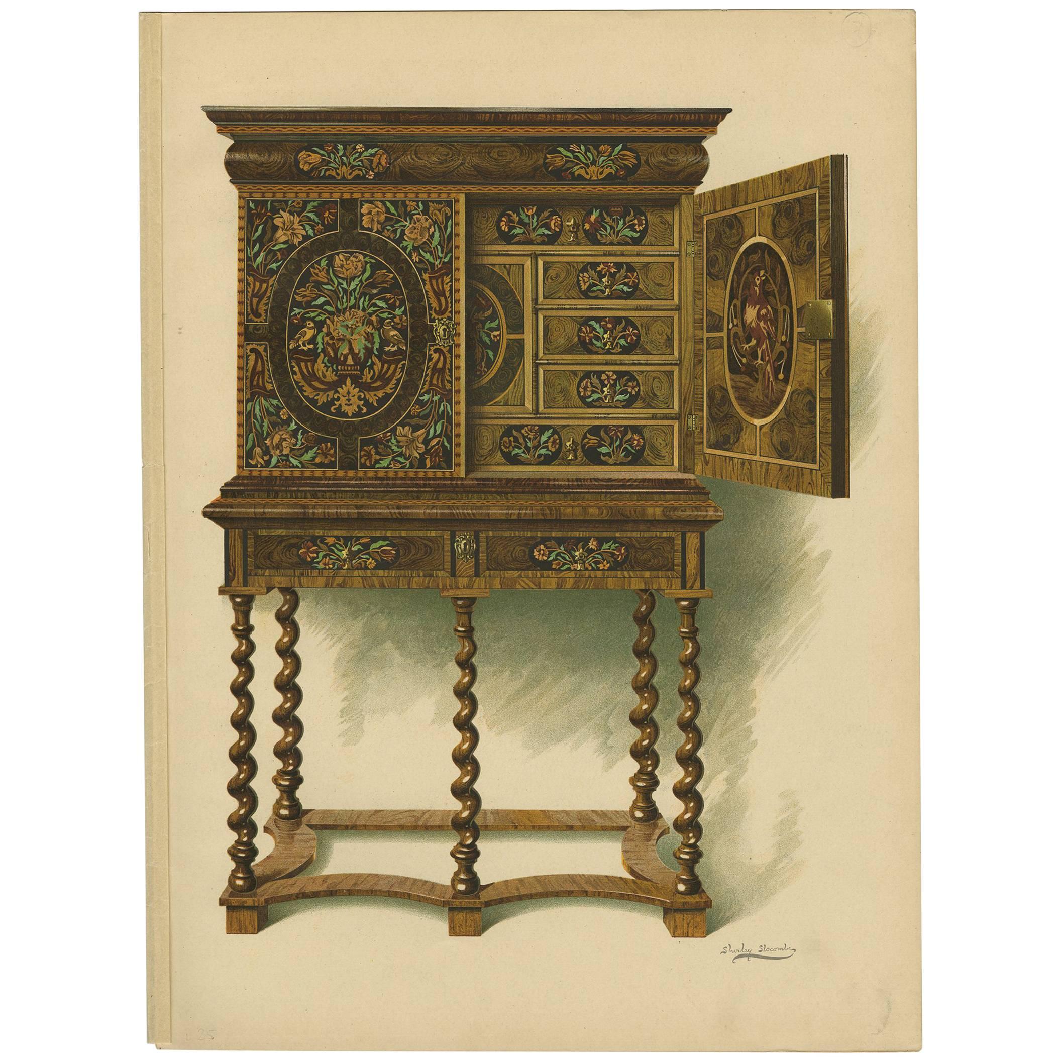 Impression ancienne de meuble de rangement anglais en noyer par P. Macquoid, 1906