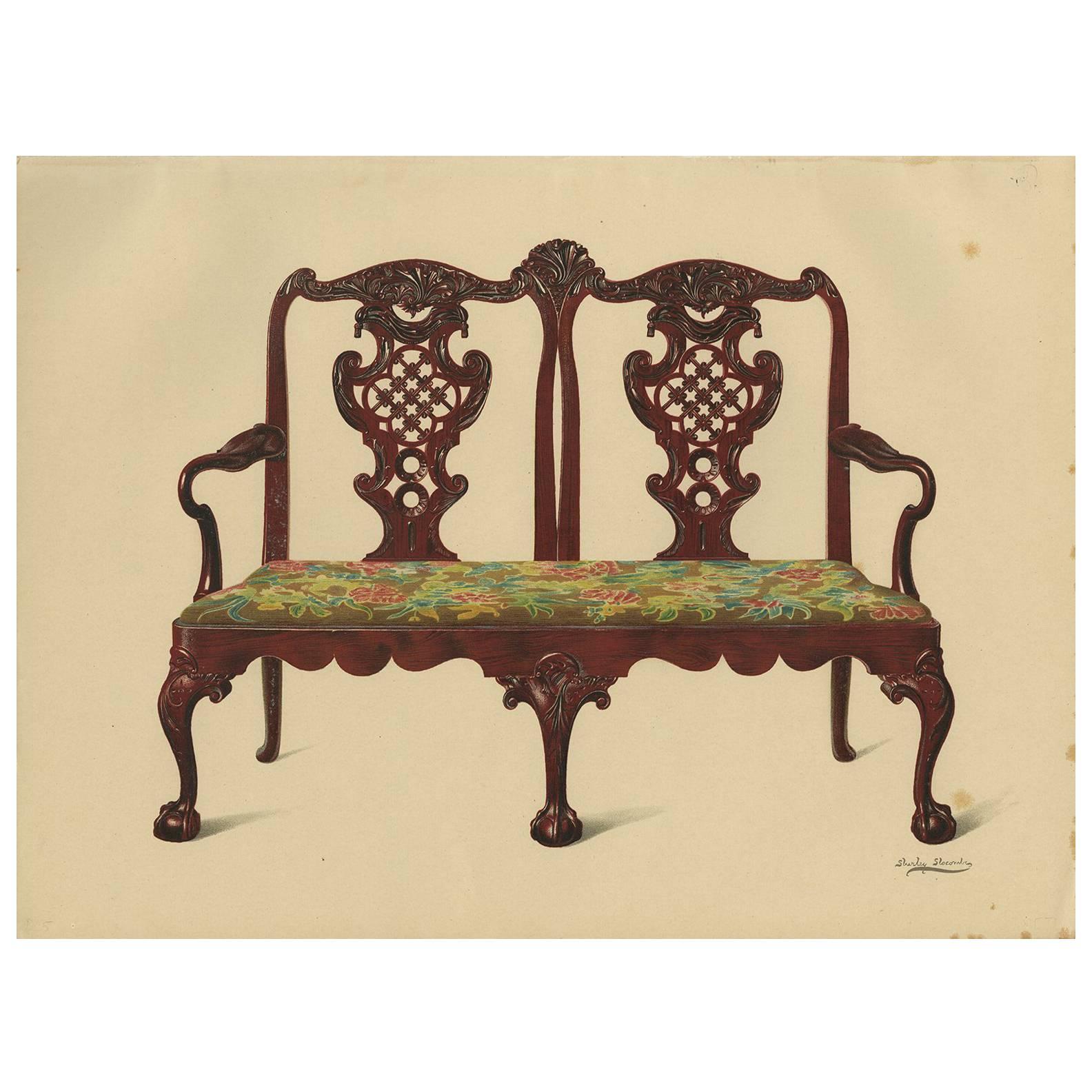 Antiker antiker Druck der englischen Möbelkommode „S Settee Miss Mills“ von P. Macquoid, 1906