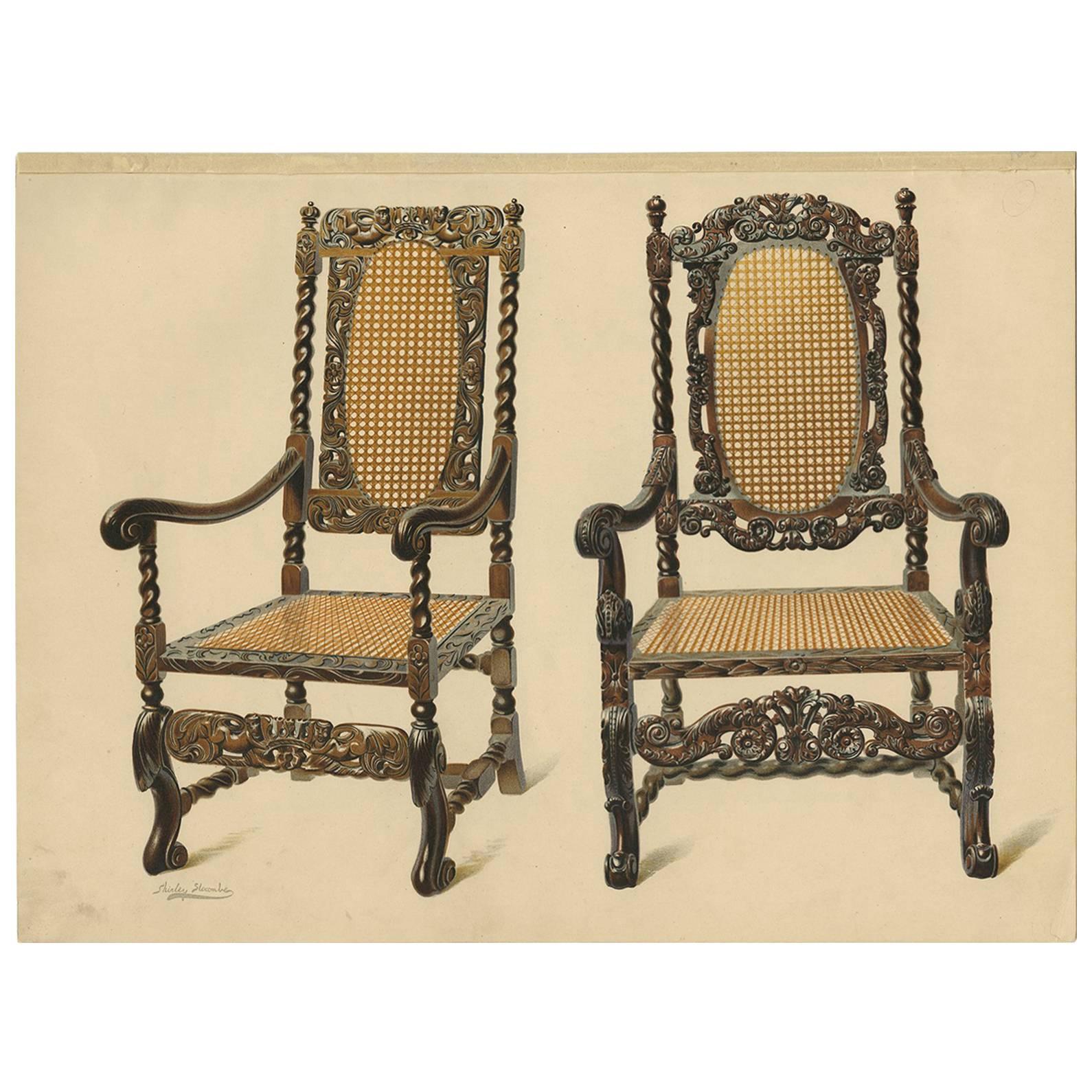 Impression ancienne de « Two Chairs » (Deux chaises) de mobilier anglais par P. Macquoid, 1906