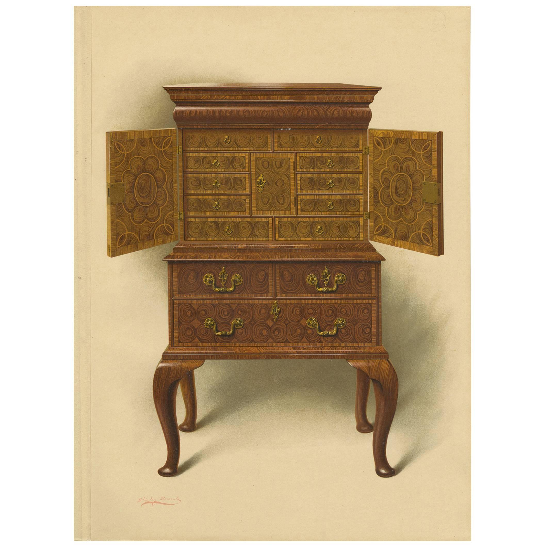 Antique Print of English Furniture ‘Walnut Cabinet E. Dent’ by P. Macquoid For Sale