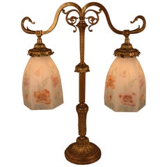 French Double Arm Bronze and Acid Cut Glass Table Lamp