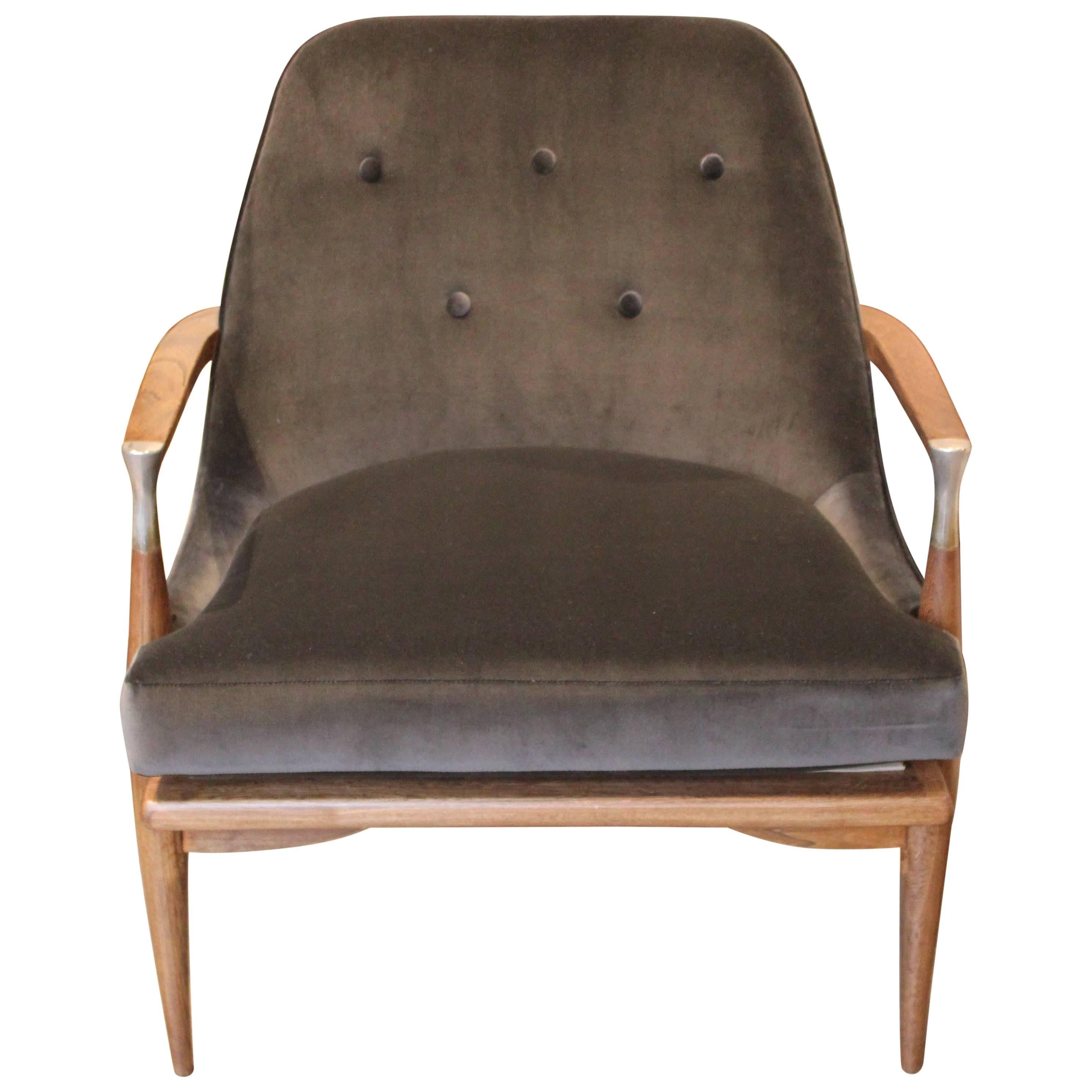 Modern Danish Kofod-Larsen Style Lounge Chair in Grey Velvet with Walnut Finish