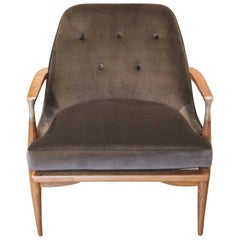 Modern Danish Kofod-Larsen Style Lounge Chair in Grey Velvet with Walnut Finish