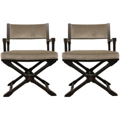 Pair of Campaign Style Black Stained Armchairs in Grey Velvet w/ Brass Detailing