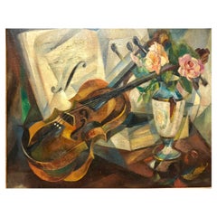 Cubist Still Life "Violin" by Early Modernist, Agnes Weinrich, Signed Dated 1922