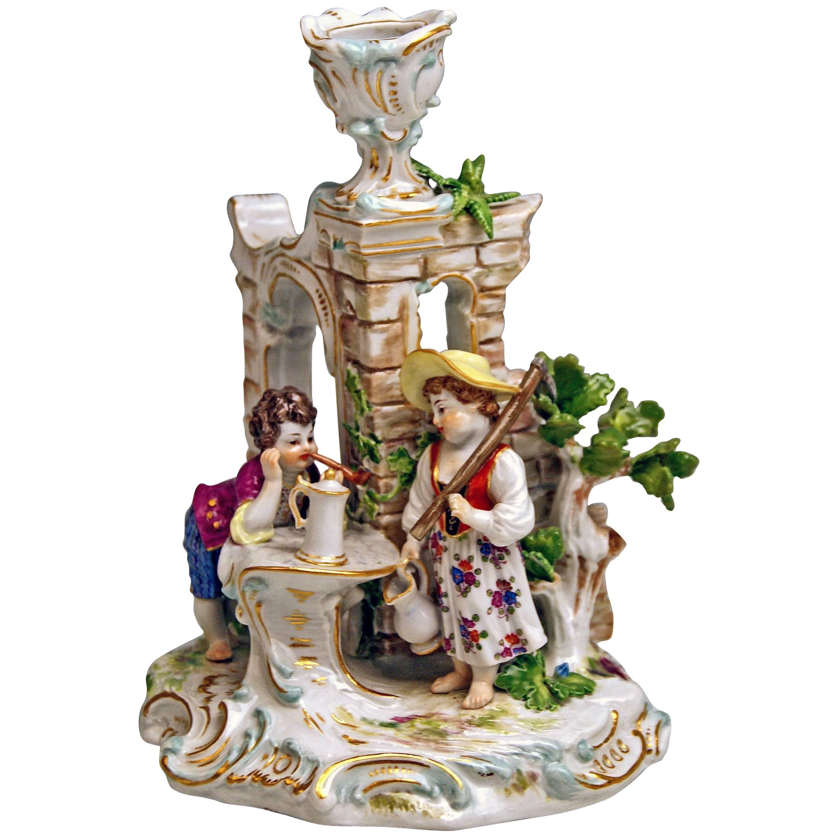 Meissen Candlestick with Figurines Gardener Children Model R 185, circa 1870 For Sale