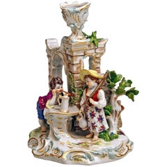 Antique Meissen Candlestick with Figurines Gardener Children Model R 185, circa 1870