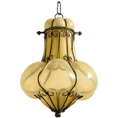Murano Yellow Caged Blown Bubble Glass Pendant Lamp Designed by Seguso, Italy