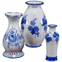 Set of Three Blue and White Hand-Painted Italian Vases by Solimene, Vietri