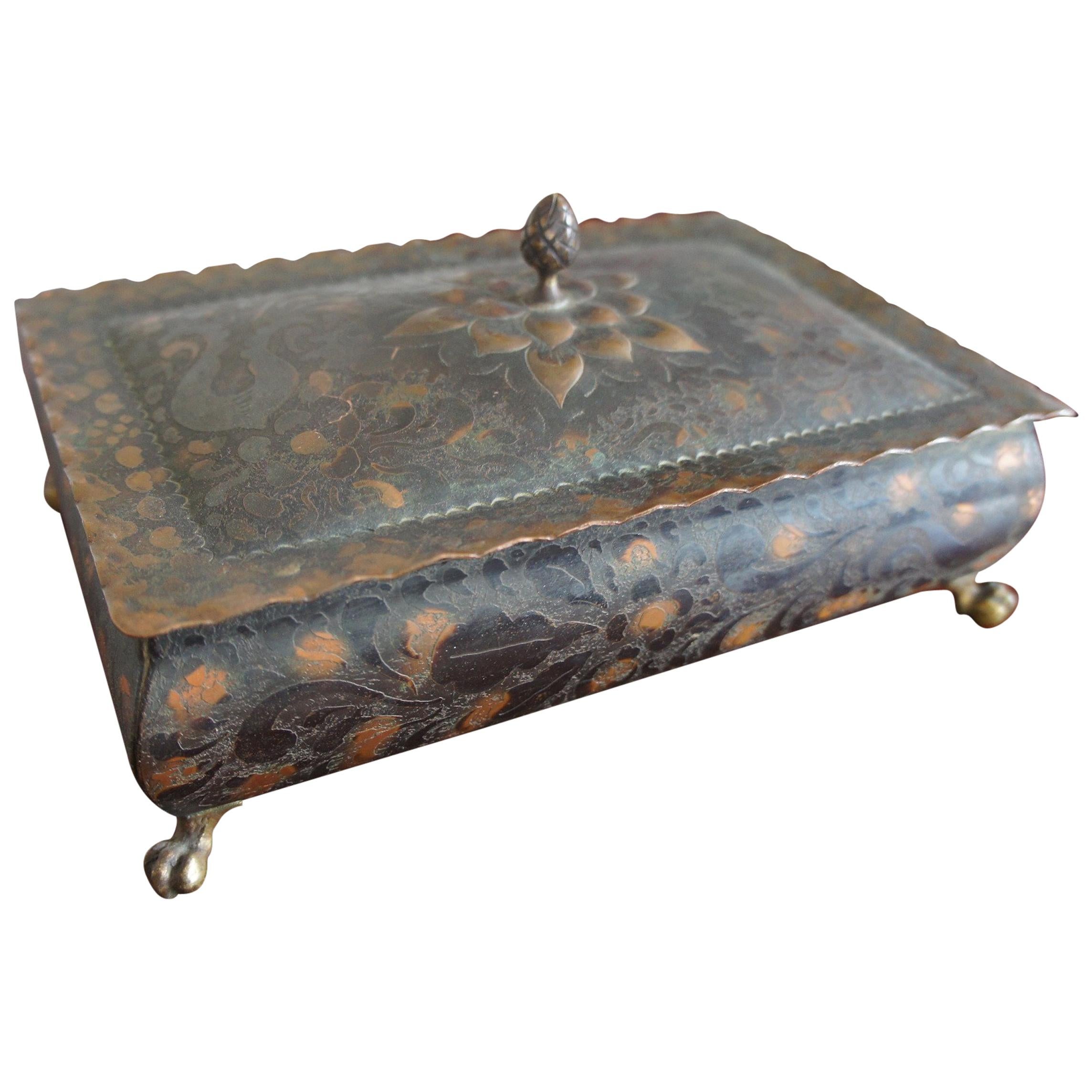 Arts and Crafts Style Copper Box with Acid Etched Leaf Motifs on Brass Claw Feet For Sale