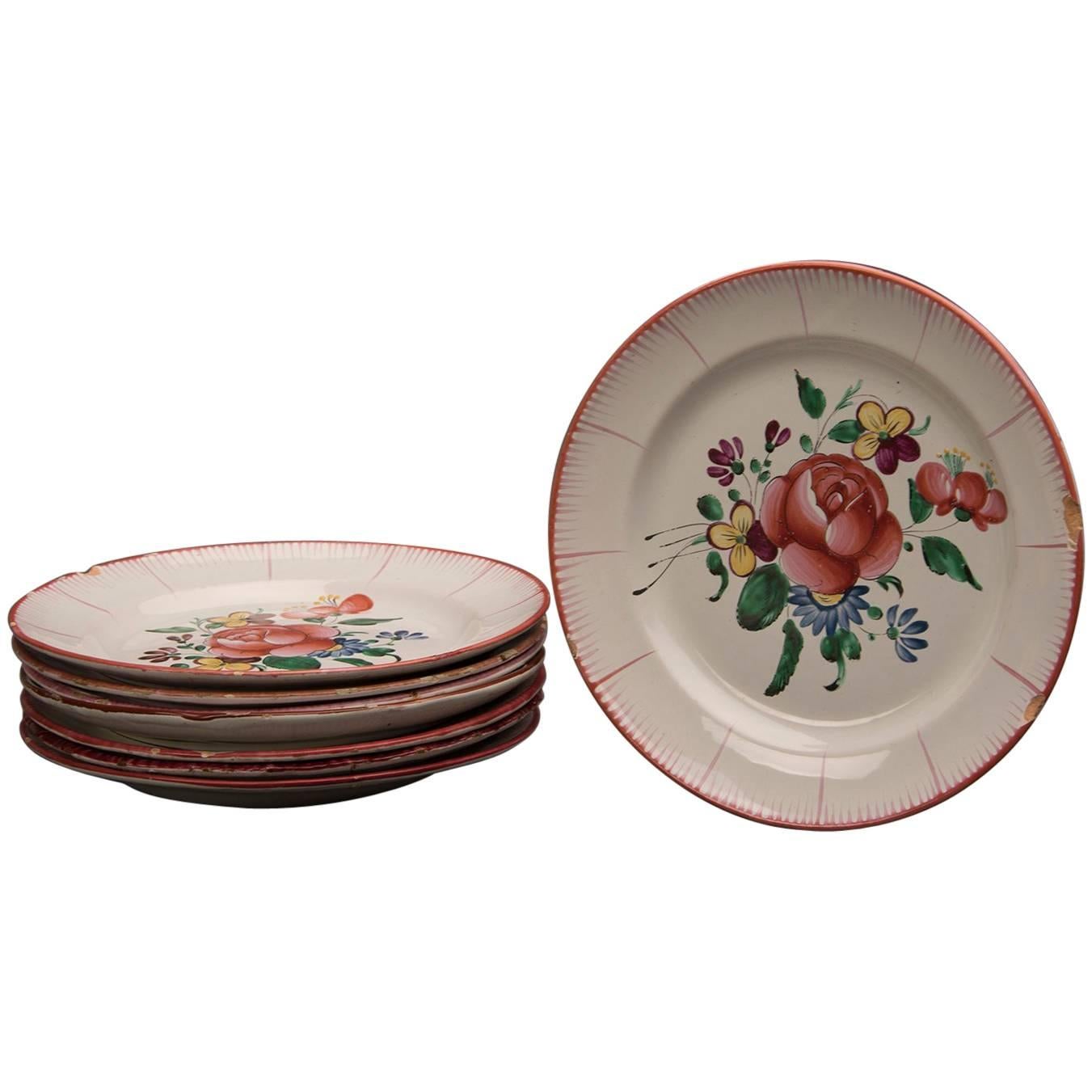 Eight Antique French Barbotine Ware Hand-Painted Plates, circa 1880 For Sale