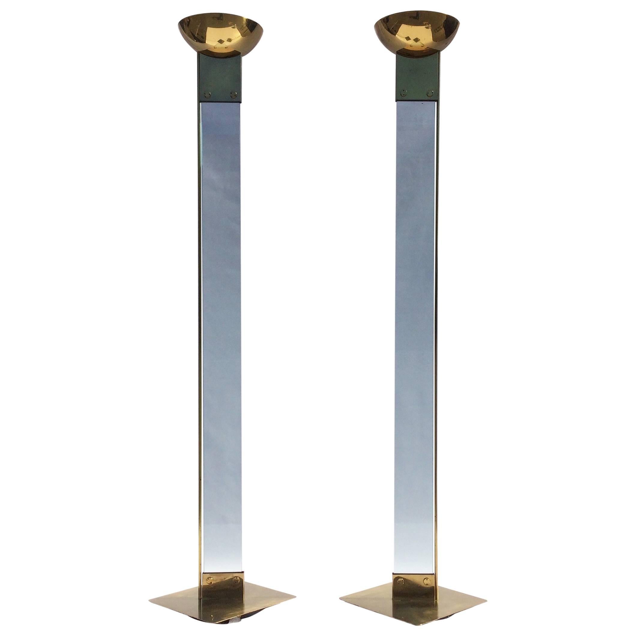 Pair of Max Baguara Floor Lamps, Torchieres, Brass and Glass