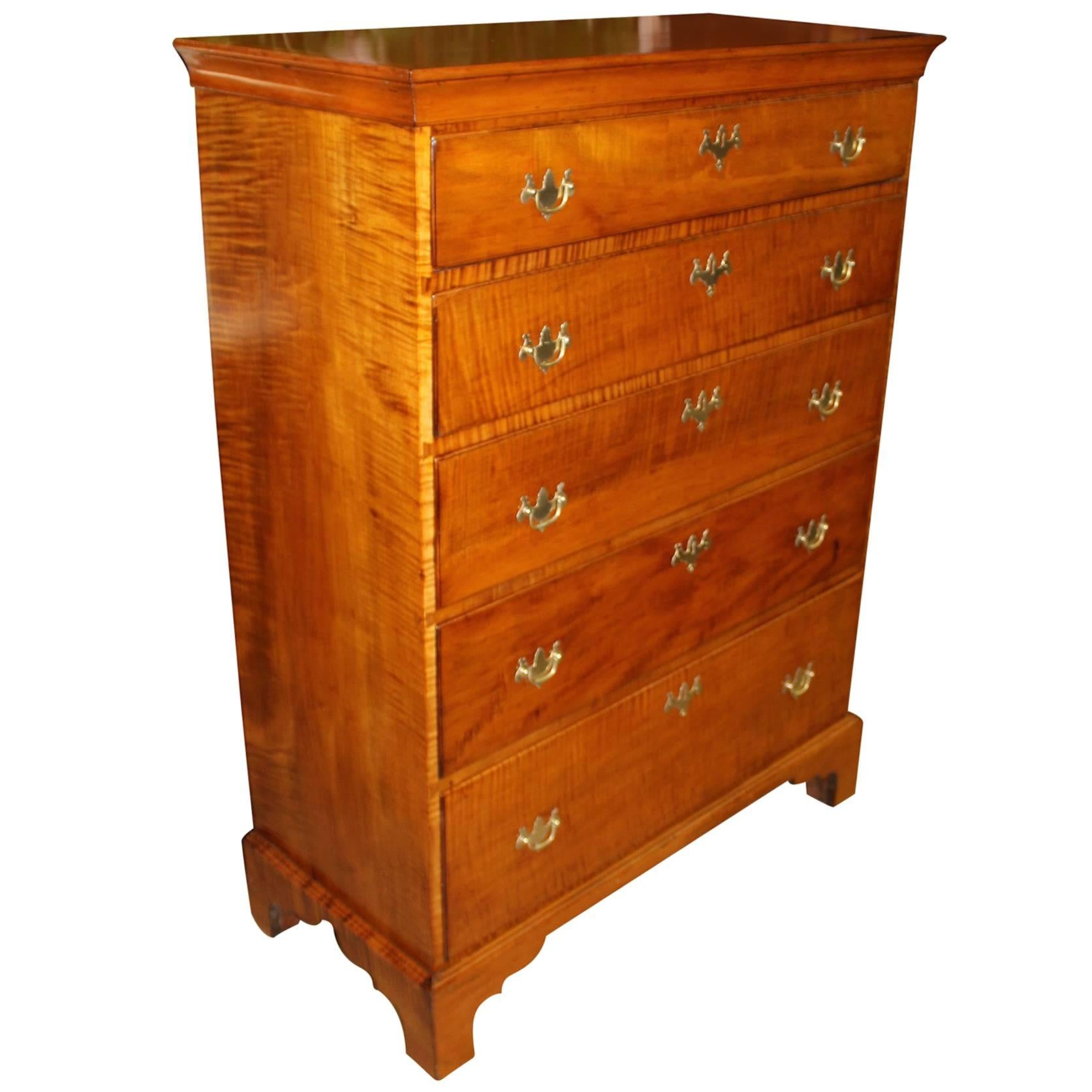 18th Century New England Chippendale Tiger Maple Five Drawer Tall Chest