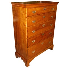 Antique 18th Century New England Chippendale Tiger Maple Five Drawer Tall Chest