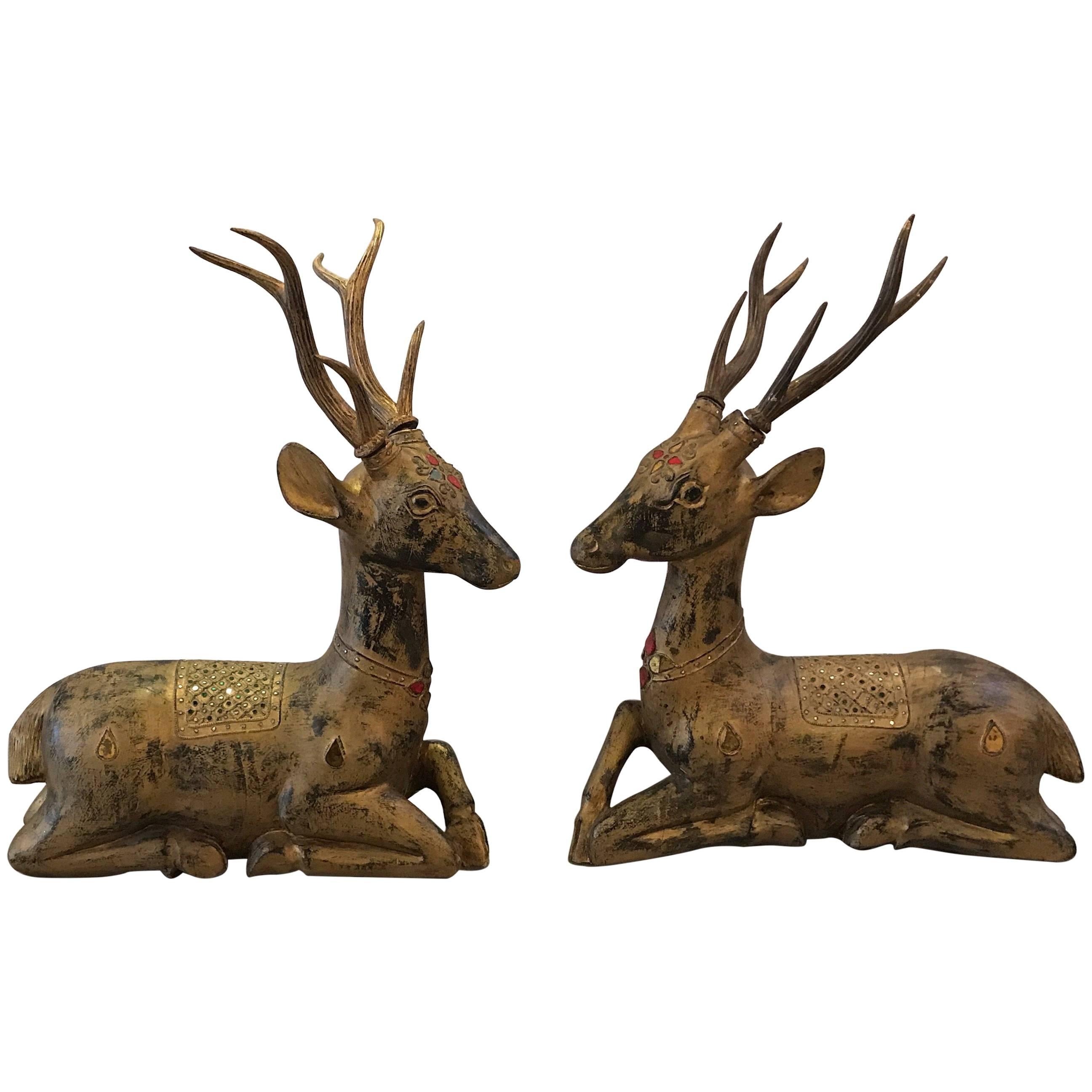 Pair of Thai Hand-Carved and Giltwood Deers